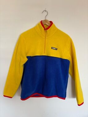 Obey Colorblock Fleece 1/2 Zip Mock Neck Pullover Sweater Yellow Blue Red S